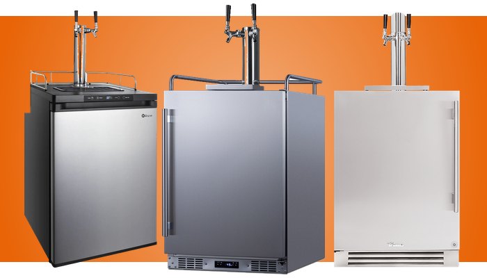 Three kegerators: Kegco K309SS-2, Summit SBC683OSTWIN and True TUR-24DD