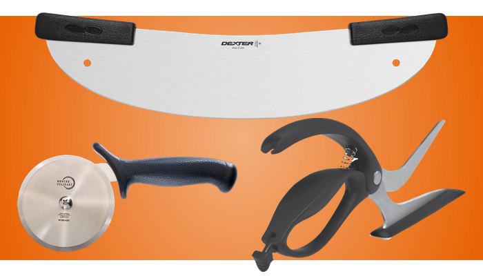 Three kinds of pizza cutter: a pizza wheel, a two-handled rocker and pizza scissors