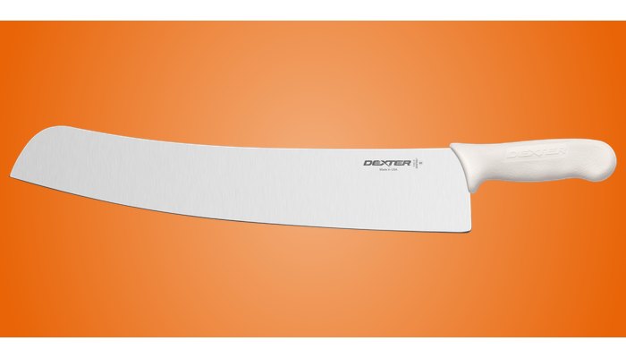 Dexter-Russell Sani-Safe 16-inch pizza knife with a scalloped blade and white handle