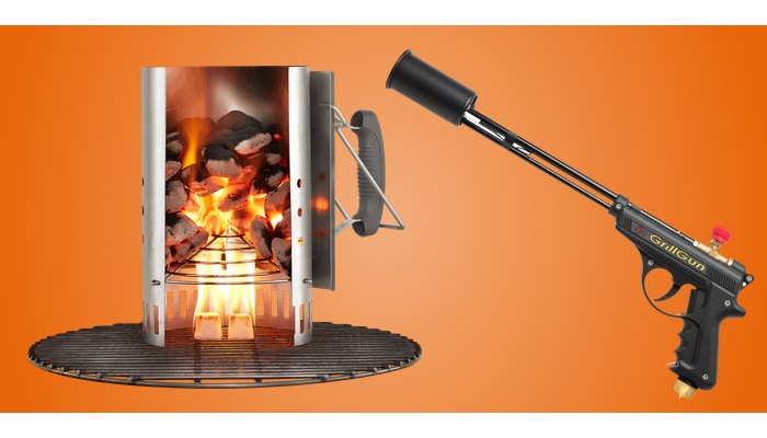 Weber Rapidfire chimney starter lit with lighter cubes on a grill grate, and a GrillBlazer GrillGun propane torch