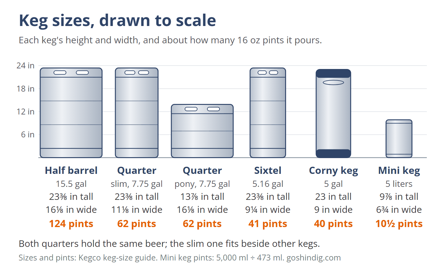 Six kegs drawn to scale with their sizes and pint counts. Half barrel: 23 3/8 inches tall, 16 1/8 wide, 15.5 gallons, about 124 pints. Slim quarter: 23 3/8 tall, 11 1/8 wide, 7.75 gallons, 62 pints. Pony quarter: 13 7/8 tall, 16 1/8 wide, 7.75 gallons, 62 pints. Sixtel: 23 3/8 tall, 9 1/4 wide, 5.16 gallons, 41 pints. Corny keg: 23 tall, 9 wide, 5 gallons, 40 pints. 5-liter mini keg: 9 7/8 tall, 6 3/4 wide, about 10 and a half pints