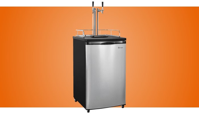 Kegco K199SS-2 20-inch-wide dual-tap kegerator with a stainless steel door on casters