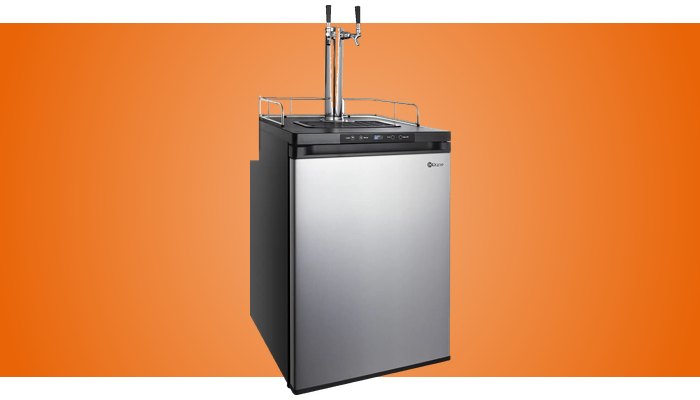 Kegco K309SS-2 dual-tap kegerator with a stainless steel door, black cabinet and chrome tower