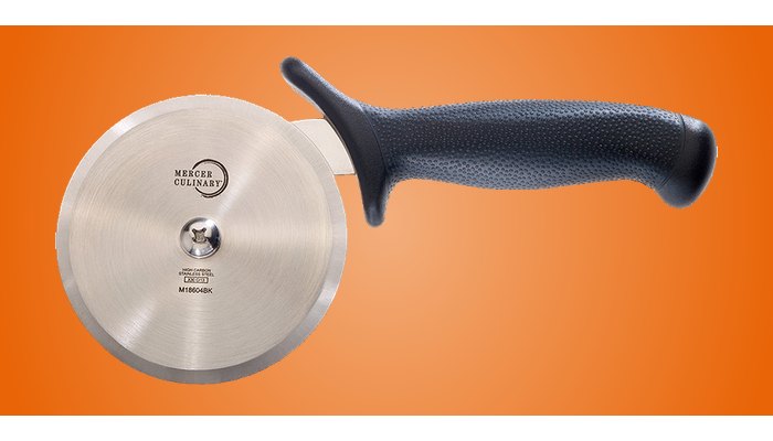 Mercer Millennia 4-inch pizza cutter with a black textured handle and finger guard