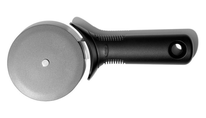 OXO Good Grips pizza wheel for non-stick pans with a grey coated blade and black handle